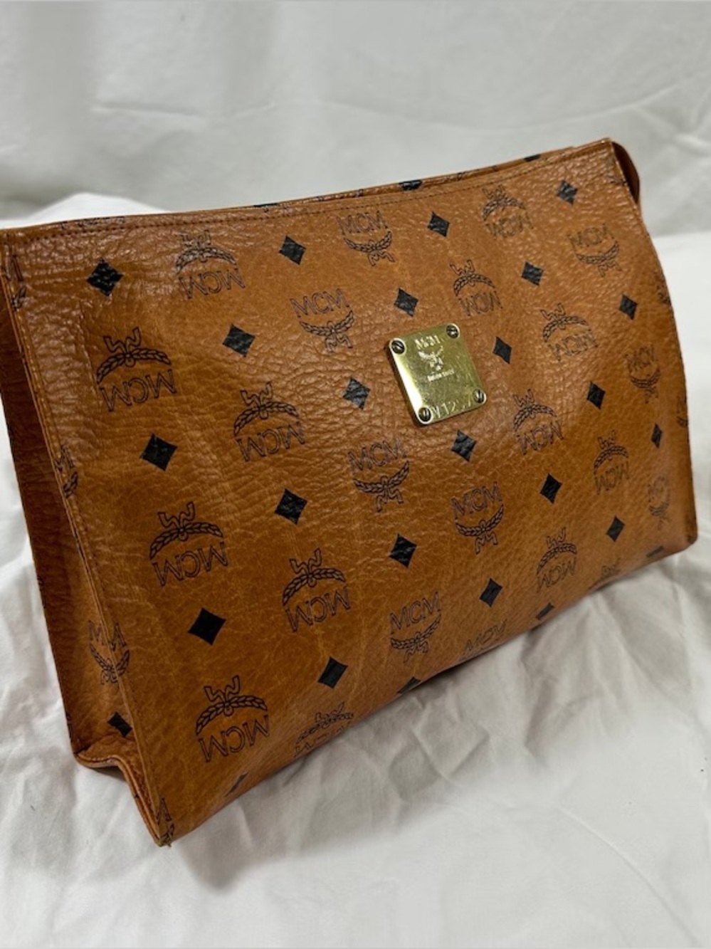 MCM Brown Visetos Logo Toiletry Bag with Gold Plaque